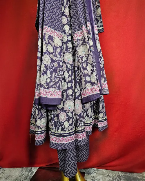 Purple Readymade Cotton Straight Kurti Set