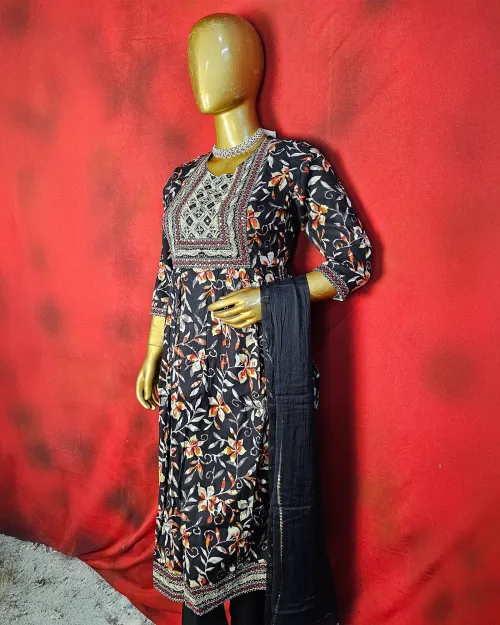 Black Color Naira Cut Readymade Cotton Suit Set