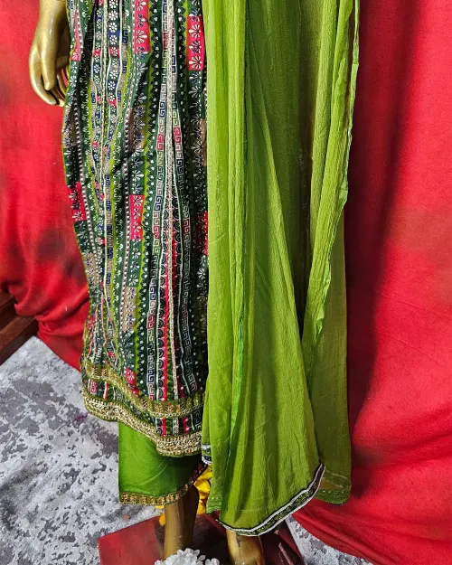 Green Printed Readymade Cotton Suit Set