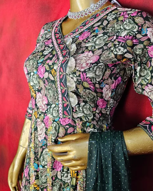 Green Printed Readymade Cotton Anarkali Suit Set