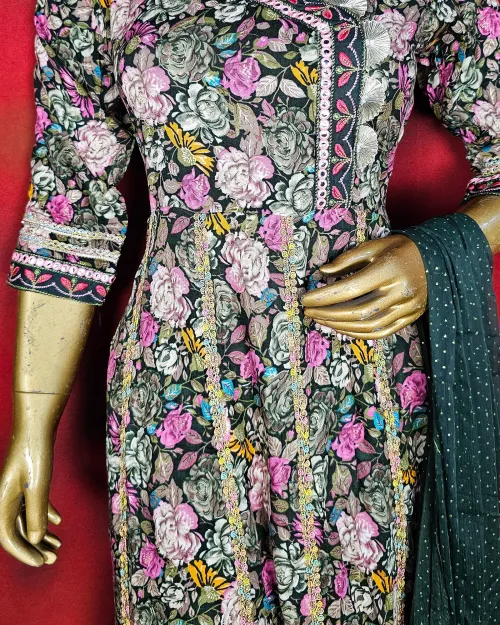 Green Printed Readymade Cotton Anarkali Suit Set