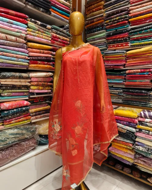 Gajari Red Organza Unstitched Salwar Suit Set