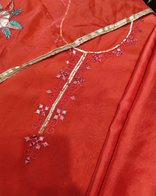 Gajari Red Organza Unstitched Salwar Suit Set