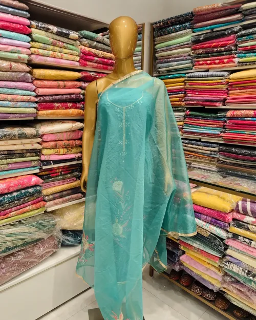 Sky Blue Organza Unstitched Salwar Suit Set
