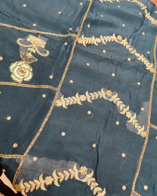 Navy Blue Crepe Silk Unstitched Salwar Suit Set