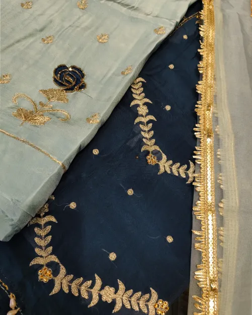 Navy Blue Crepe Silk Unstitched Salwar Suit Set