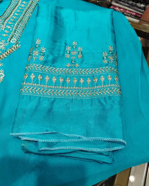 Firozi Color Organza Unstitched Salwar Suit Set