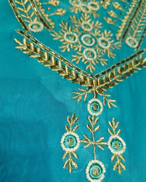 Firozi Color Organza Unstitched Salwar Suit Set