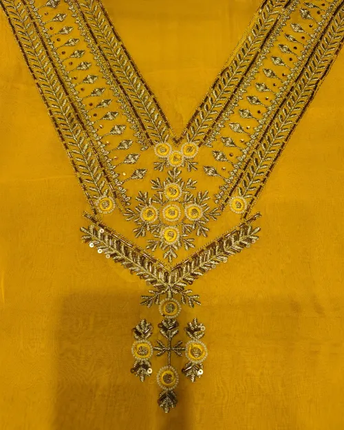 yellow Organza Unstitched Salwar Suit Set