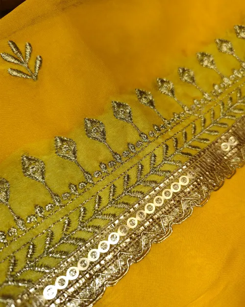 yellow Organza Unstitched Salwar Suit Set