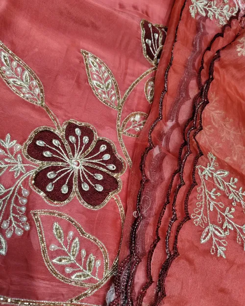 Gajari Red Organza Unstitched Salwar Suit Set