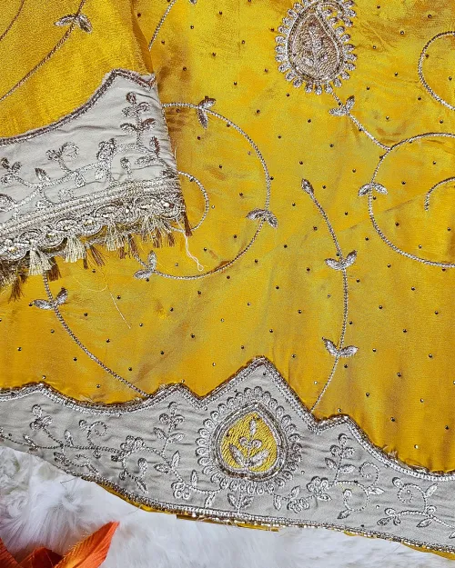 Yellow crepe silk  Unstitched Salwar Suit Set