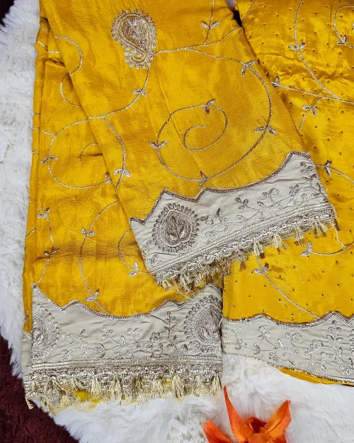 Yellow crepe silk  Unstitched Salwar Suit Set