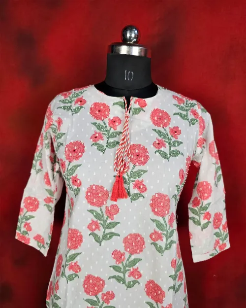 White Readymade Cotton Kurti Set