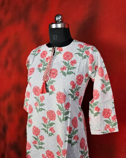 White Readymade Cotton Kurti Set