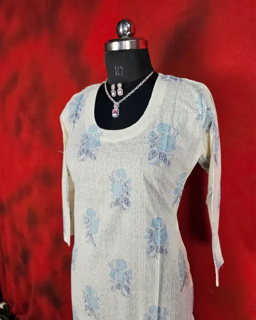 White Readymade Cotton Straight Kurti Set