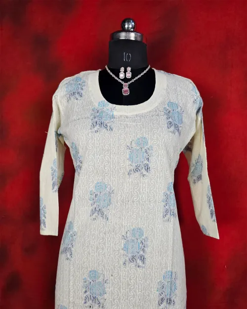 White Readymade Cotton Straight Kurti Set