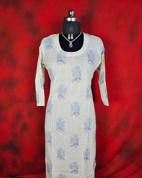 White Readymade Cotton Straight Kurti Set