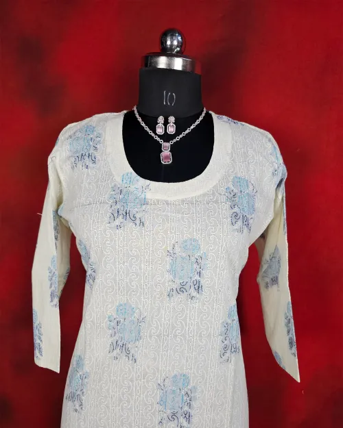 White Readymade Cotton Straight Kurti Set