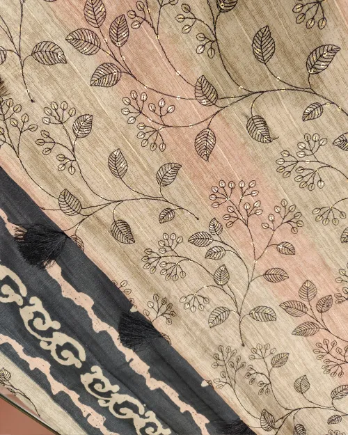 Beige & Black Embroidery Work Tussar Cotton Saree