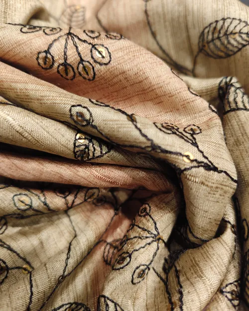Beige & Black Embroidery Work Tussar Cotton Saree