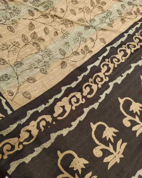 Beige & Black Embroidery Work Tussar Cotton Saree