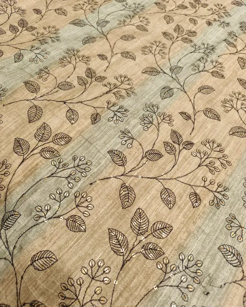 Beige & Black Embroidery Work Tussar Cotton Saree