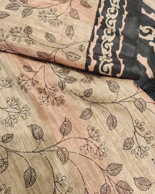 Beige & Black Embroidery Work Tussar Cotton Saree