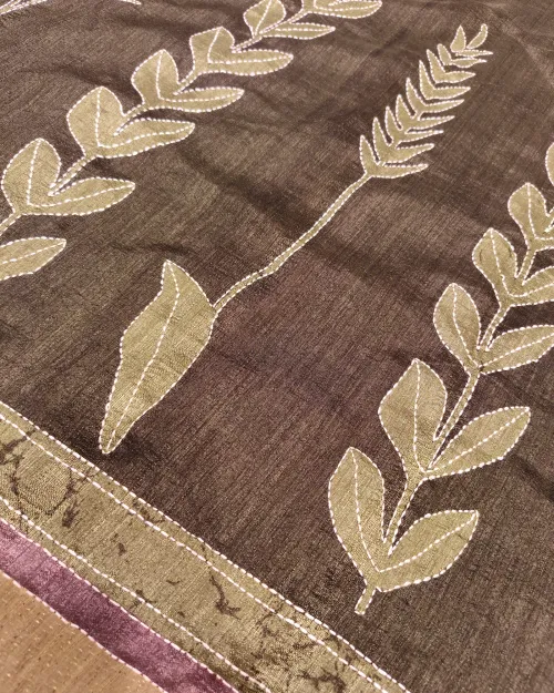 Bottle Green Embroidery Work Tassar Cotton Saree