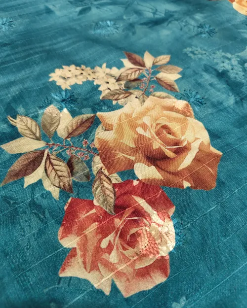 Sky Blue Embroidery Work Tassar Cotton Saree