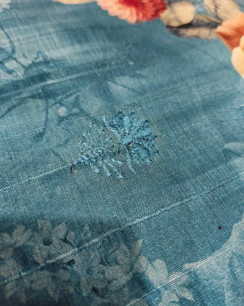 Sky Blue Embroidery Work Tassar Cotton Saree
