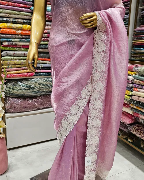 Lavender Embroidery Work Tissue Silk Saree