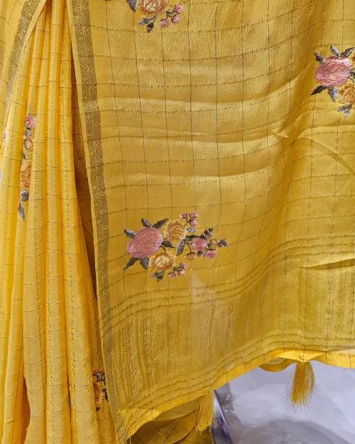Creamy Peach Embroidery Work Chiffon Saree
