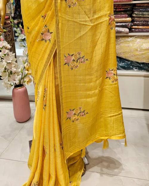 Creamy Peach Embroidery Work Chiffon Saree