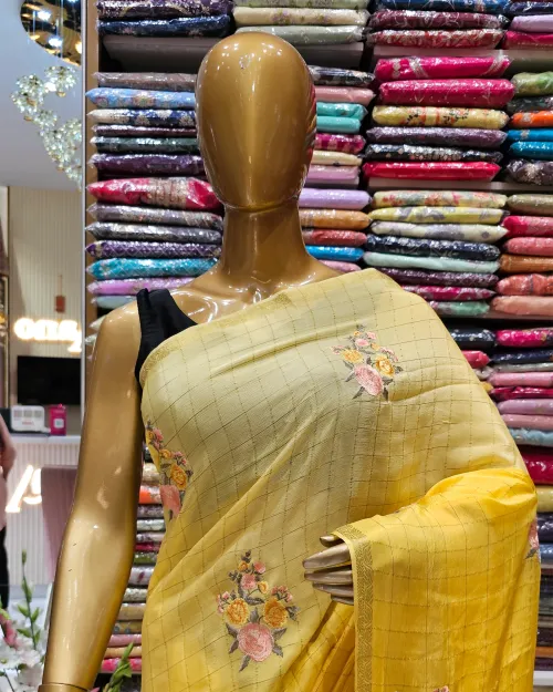 Creamy Peach Embroidery Work Chiffon Saree