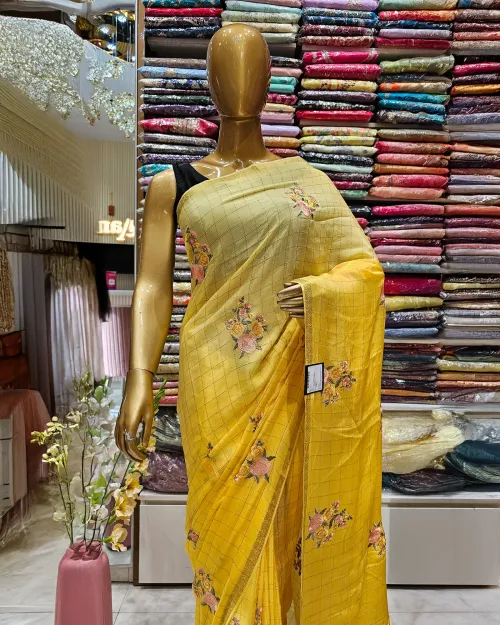 Creamy Peach Embroidery Work Chiffon Saree