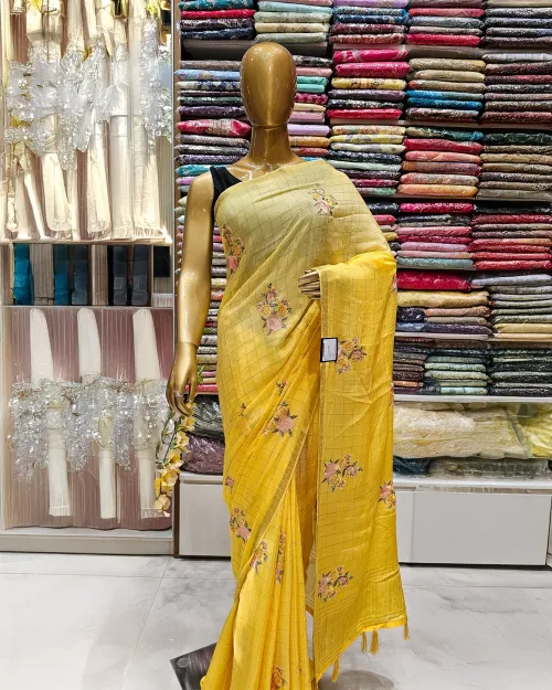 Creamy Peach Embroidery Work Chiffon Saree