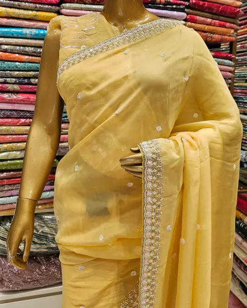 Lemon Color Stone Work Organza Saree