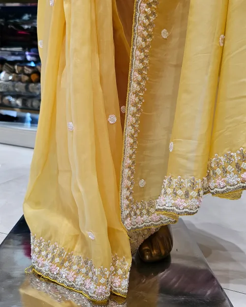 Lemon Color Stone Work Organza Saree