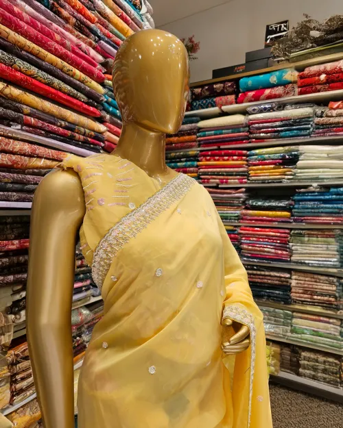 Lemon Color Stone Work Organza Saree