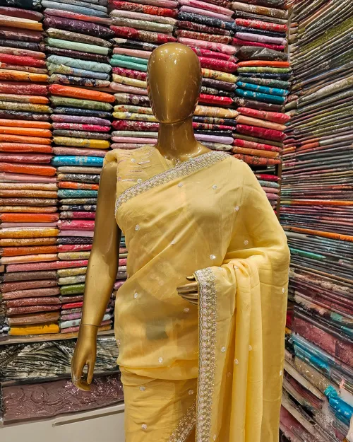 Lemon Color Stone Work Organza Saree