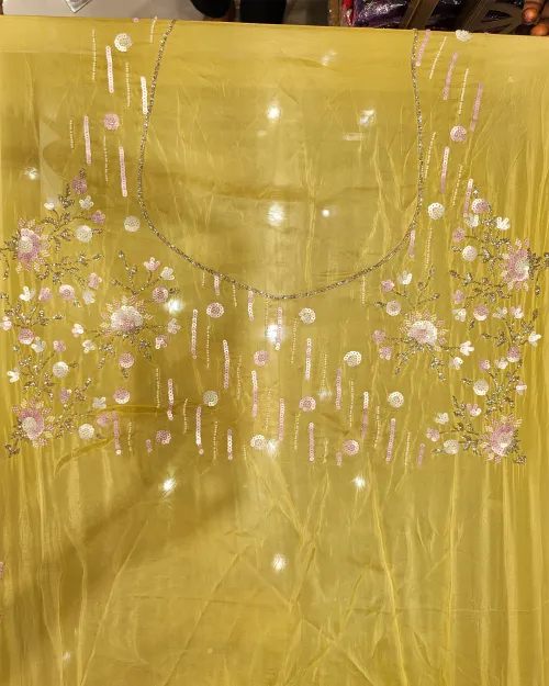 Lemon Color Stone Work Organza Saree