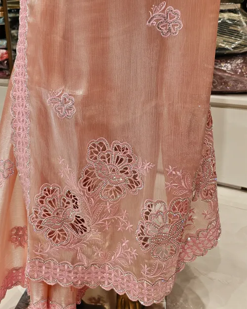 Peachish Pink  Embroidery Work Chinon Saree