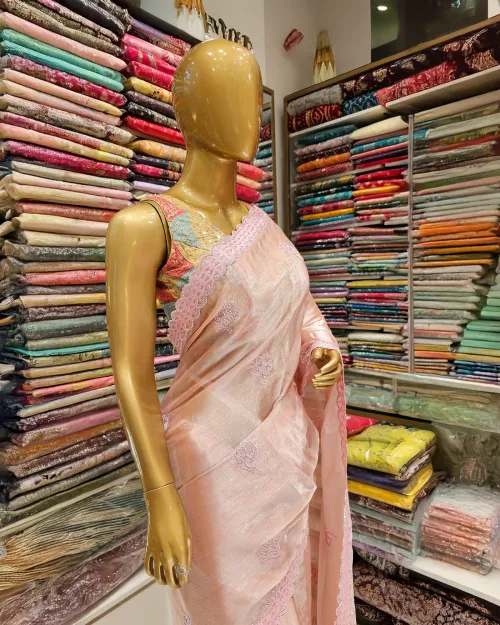 Peachish Pink  Embroidery Work Chinon Saree