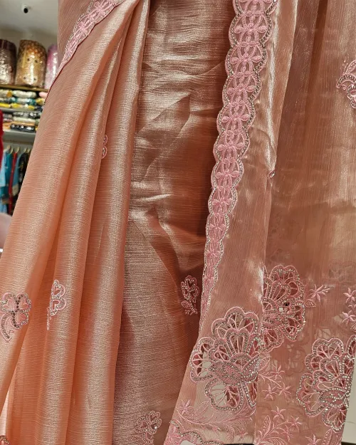 Peachish Pink  Embroidery Work Chinon Saree