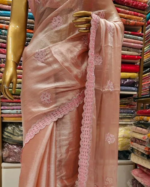 Peachish Pink  Embroidery Work Chinon Saree