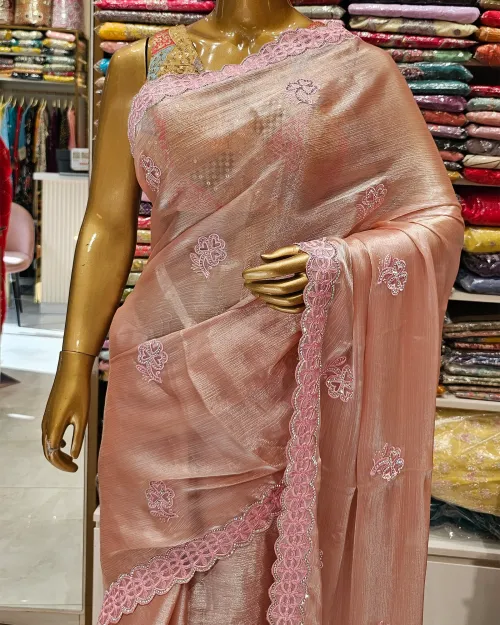 Peachish Pink  Embroidery Work Chinon Saree