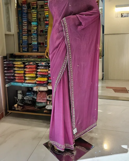 Pinkish Purple Stone Work Chiffon Saree