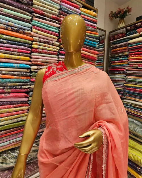 Peach Colour Stone Work Chiffon Saree