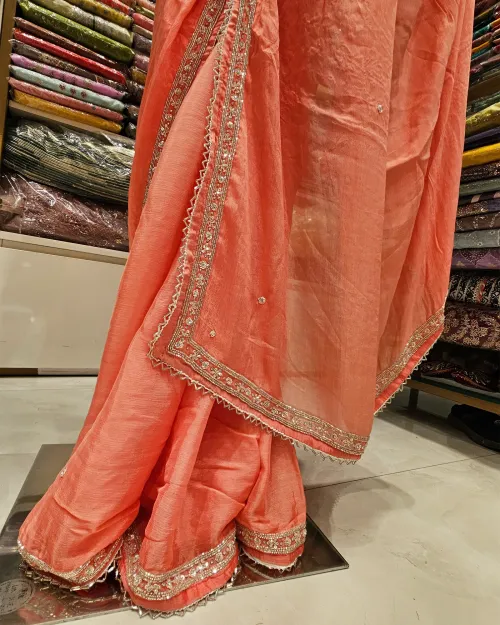 Peach Colour Stone Work Chiffon Saree